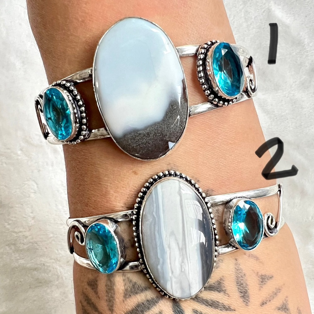 925 Owyhee Opal + Swiss Blue Topaz Cuff Bracelet - Picture 2 of 10